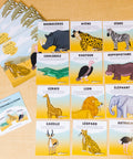 Jeu de cartes sur le thème des animaux de la savane pour créer des rourtines de yoga, d'étirement et de respiration pour enfant. 