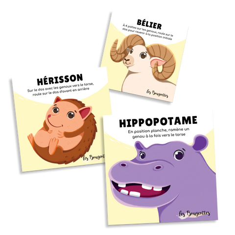 Présentation de trois cartes (bélier, hérisson et hipppotame) pour faire des pauses actives dès 2 ans