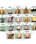 Collection de cartes d'apprentissage thème animaux de la forêt en français avec des mouvements pour bouger assis (souris, ours, merle noire, lièvre, renard, hibou, couleuvre)