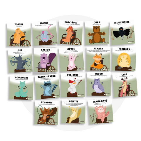 Collection de cartes d'apprentissage thème animaux de la forêt en français avec des mouvements pour bouger assis (souris, ours, merle noire, lièvre, renard, hibou, couleuvre)
