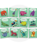 Collection de cartes d'apprentissage thème animaux de la jungle en français avec des mouvements pour travailler la motricité globale (girafe, éléphant, gorille, toucan, lion, tigre)