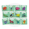 Collection de cartes d'apprentissage thème animaux de la jungle en français avec des mouvements pour travailler la motricité globale (girafe, éléphant, gorille, toucan, lion, tigre)