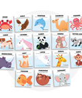Collection de cartes d'apprentissage bilingues thème animaux mélimélo 1 avec des mouvements pour travailler la motricité globale (crabe, chameau, souris, chat, chien)