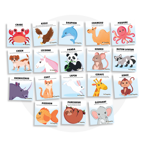 Collection de cartes d'apprentissage bilingues thème animaux mélimélo 1 avec des mouvements pour travailler la motricité globale (crabe, chameau, souris, chat, chien)