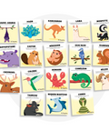 Collection de cartes d'apprentissage bilingues thème animaux mélimélo 2 avec des mouvements pour travailler la motricité globale (écureuil, moufette, kangourou)