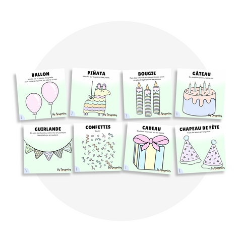 Collection de cartes d'apprentissage thème anniversaire avec des mouvements pour apprendre à sauter dès 18 mois et plus (bougie, gâteau, cadeau, guirlande)