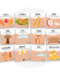 Collection de cartes d'apprentissage bilingues thème automne avec des mouvements pour travailler la coordination (feuilles, pomme, tarte, renard)