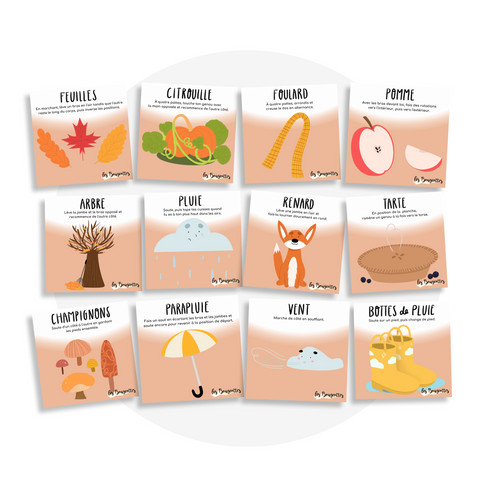 Collection de cartes d'apprentissage bilingues thème automne avec des mouvements pour travailler la coordination (feuilles, pomme, tarte, renard)