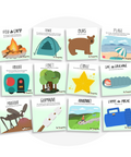 Collection de cartes d'apprentissage thème camping bilingues avec des mouvements pour travailler la motricité globale (feu de camp, tente, ours, plage, forêt, étoile)