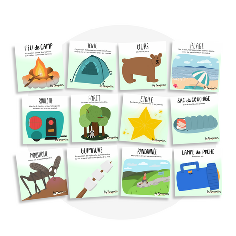 Collection de cartes d'apprentissage thème camping bilingues avec des mouvements pour travailler la motricité globale (feu de camp, tente, ours, plage, forêt, étoile)