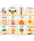 Collection de cartes d'apprentissage français thème carnaval avec des mouvements pour travailler la motricité globale (chapiteau, carrousel, ballon, grande roue)