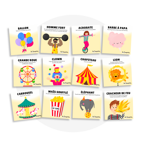Collection de cartes d'apprentissage français thème carnaval avec des mouvements pour travailler la motricité globale (chapiteau, carrousel, ballon, grande roue)
