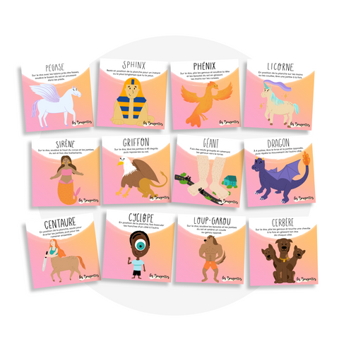Collection de cartes d'apprentissage créatures fantastiques avec des mouvements pour travailler les muscles du tronc (licorne, dragon, cyclope)