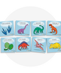 Collection de cartes d'apprentissage thème dinosaures bilingues avec des mouvements pour travailler la motricité globale (brontosaure, tyrannosaure, tricératops, ptérodactile)