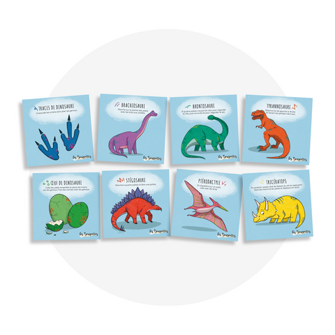 Collection de cartes d'apprentissage thème dinosaures bilingues avec des mouvements pour travailler la motricité globale (brontosaure, tyrannosaure, tricératops, ptérodactile)