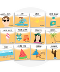 Collection de cartes d'apprentissage bilingues thème été avec des mouvements pour travailler l'équilibre  (soleil, plage, melon d'eau)