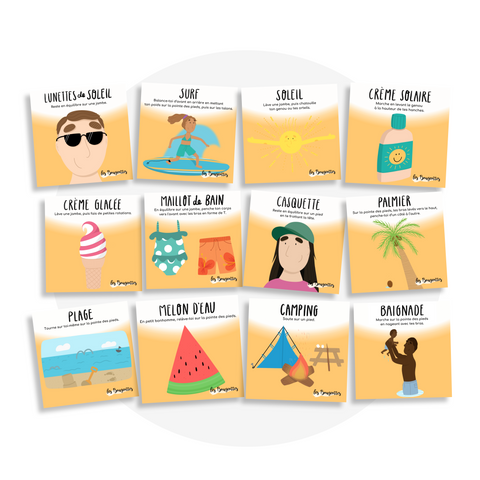 Collection de cartes d'apprentissage bilingues thème été avec des mouvements pour travailler l'équilibre  (soleil, plage, melon d'eau)