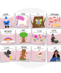 Collection de cartes d'apprentissage thème forêt enchantés avec des mouvements pour travailler la motricité globale (arbre, gnome, licorne)