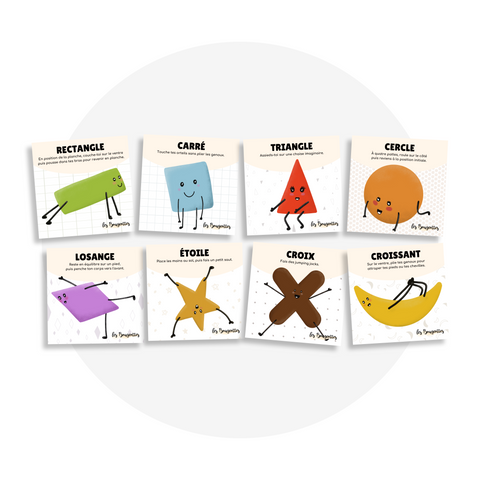 Collection de cartes d'apprentissage thème formes avec des mouvements pour travailler la motricité globale (carré, rectangle, cercle)