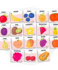 Collection de cartes d'apprentissage bilingues thème fruits avec des mouvements pour travailler la motricité globale (fraise, banane, bleuet, orange, cerise)