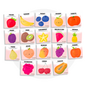 Collection de cartes d'apprentissage bilingues thème fruits avec des mouvements pour travailler la motricité globale (fraise, banane, bleuet, orange, cerise)
