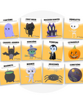 Collection de cartes d'apprentissage bilingues thème halloween avec des mouvements pour travailler la motricité globale (citrouille, fantôme, vampire, sorcière)