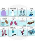 Collection de cartes d'apprentissage bilingues thème hiver avec des mouvements pour bouger debout  (manteau, patins, neige, glissade, traineau)