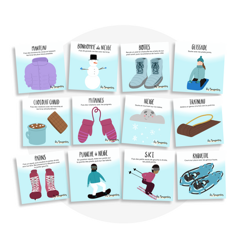 Collection de cartes d'apprentissage bilingues thème hiver avec des mouvements pour bouger debout  (manteau, patins, neige, glissade, traineau)