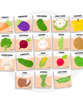 Collection de cartes d'apprentissage bilingues thème légumes avec des mouvements pour travailler la motricité globale (carotte, aubergine, brocoli, champignon)