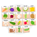 Collection de cartes d'apprentissage bilingues thème légumes avec des mouvements pour travailler la motricité globale (carotte, aubergine, brocoli, champignon)