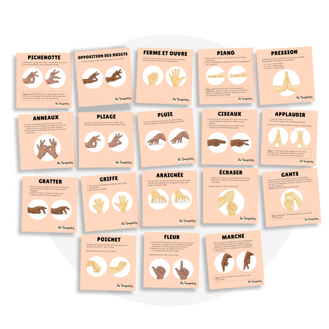 Collection de cartes d'apprentissage thème animaux mélimélo3 en français avec des mouvements de motricité fine (pichenotte, piano, pression, anneaux, pliage, pluie, ciseaux)