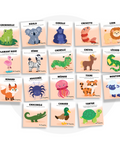 Collection de cartes d'apprentissage thème animaux mélimélo3 en français avec des mouvements de motricité globale (grenouille, koala, gorille, crevette, lion, zèbre, cheval)