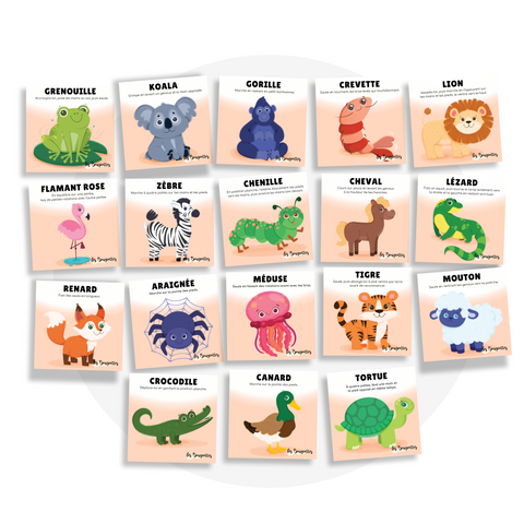 Collection de cartes d'apprentissage thème animaux mélimélo3 en français avec des mouvements de motricité globale (grenouille, koala, gorille, crevette, lion, zèbre, cheval)