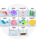 Collection de cartes d'apprentissage thème monde marin avec des mouvements pour travailler la motricité globale (étoile de mer, poisson, coreil, requin)