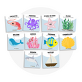 Collection de cartes d'apprentissage thème monde marin avec des mouvements pour travailler la motricité globale (étoile de mer, poisson, coreil, requin)
