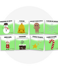 Collection de cartes d'apprentissage thème noël sur la route avec des mouvements pour bouger assis (biscuit pain d'épice, flocon de neige, canne de Noël, cheminée)