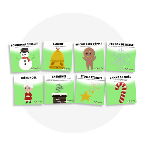 Collection de cartes d'apprentissage thème noël sur la route avec des mouvements pour bouger assis (biscuit pain d'épice, flocon de neige, canne de Noël, cheminée)