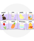 Collection de cartes d'apprentissage bilingues thème paques avec des mouvements pour sauter (lapin, carotte, panier, poussin)