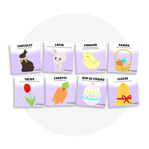 Collection de cartes d'apprentissage bilingues thème paques avec des mouvements pour sauter (lapin, carotte, panier, poussin)