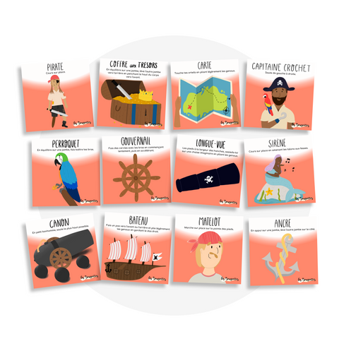 Collection de cartes d'apprentissage thème pirates avec des mouvements pour bouger debout (sirène, perroquet, canon, bateau)