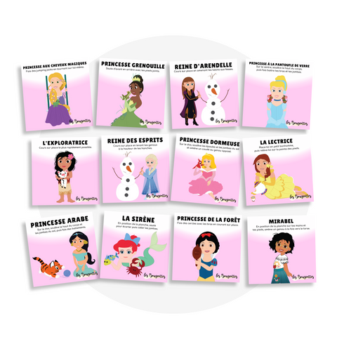 Collection de cartes d'apprentissage thème princesses avec des mouvements pour travailler le système cardiovasculaire (Blanche neige, elsa, moana)