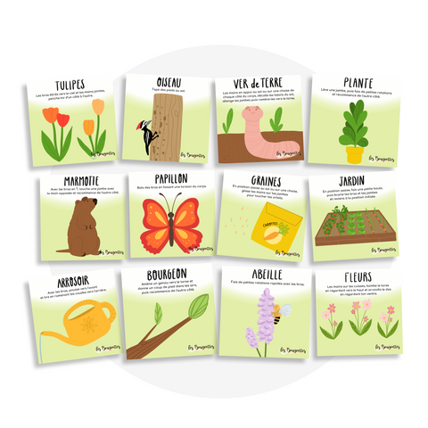 Collection de cartes d'apprentissage bilingues thème printemps avec des mouvements pour bouger assis (graines, tulipes, marmotte, fleurs)