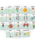 Collection de cartes d'apprentissage thème sports en français avec des mouvements de sauts (tennis, soccer, baseball, hockey, natation, football)