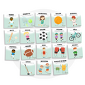 Collection de cartes d'apprentissage thème sports en français avec des mouvements de sauts (tennis, soccer, baseball, hockey, natation, football)