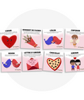 Collection de cartes d'apprentissage bilingues thème saint-valentin avec des mouvements pour bouger en duo (coeur, chocolat, amour, bisou, cupidon)