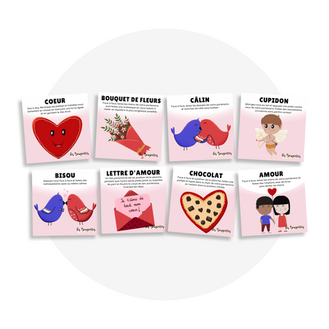 Collection de cartes d'apprentissage bilingues thème saint-valentin avec des mouvements pour bouger en duo (coeur, chocolat, amour, bisou, cupidon)