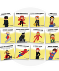 Collection de cartes d'apprentissage thème super-héros avec des mouvements pour sauter (catwomen, ironman, superman)