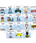 Collection de cartes d'apprentissage thème véhicule de métier avec des mouvements pour travailler la coordination (policière, pilote, astronaute, capitaine)