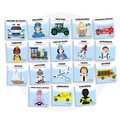 Collection de cartes d'apprentissage thème véhicule de métier avec des mouvements pour travailler la coordination (policière, pilote, astronaute, capitaine)