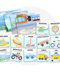 Collection de cartes d'apprentissage bilingues thème moyens de transport avec un jeu pour faire des entrainements (camion, voiture, motocyclette)
